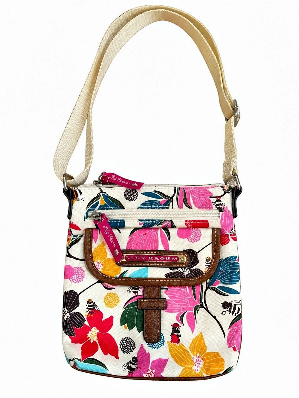 Lily Bloom Floral Crossbody Bag Multicolor Bee Print Adjustable Strap